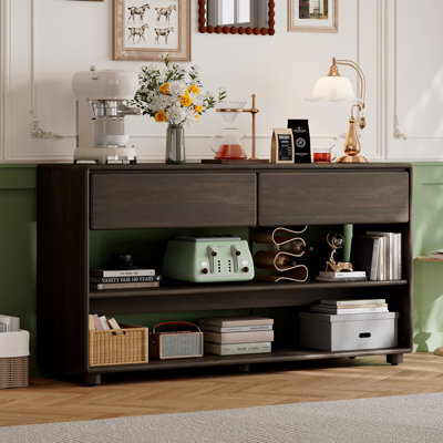 Table d'entrée vintage avec tiroirs et tablettes, parfaite pour le rangement et la présentation dans les couloirs et les salons