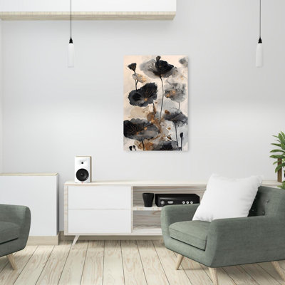 Golden Lotus Bloom Abstract Contemporary Delicate Lotus Flower Landscape Wall Art Print 1 Piece Wrapped Canvas Wall Art