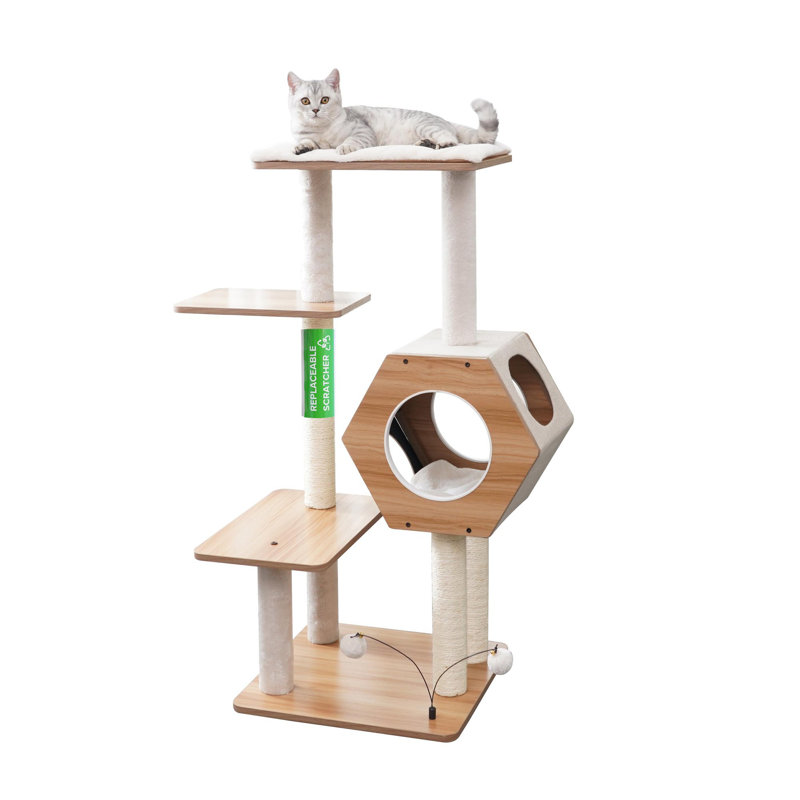 44" Beige Wooden Cat Tree with Condo and Sisal Scratching Posts