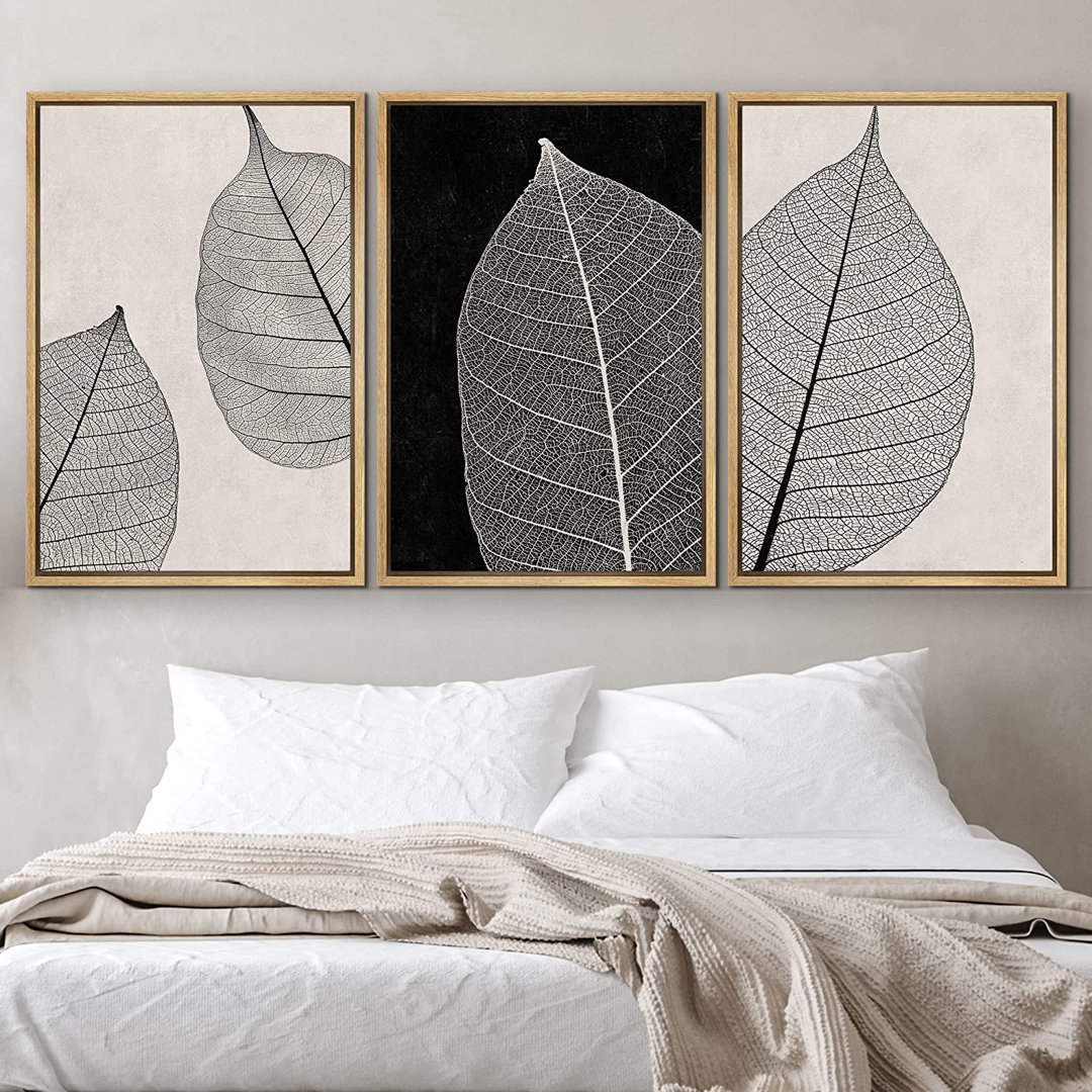 Minimal Botanical " IDEA4WALL Framed Canvas Print Wall Art Set Tan Black Forest Plant Leaf Close Up Details Abstract Shapes Illustrations Modern Art Decorative Nordic For Living Room, Bedroom, Office " 3 - Pieces IDEA4WALL Frame 