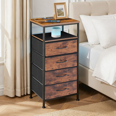 Nightstand With Charging Station, Bedside End Table With 4 Fabric Drawers & USB/Type-C Ports And Outlets, Night Stand For Bedroom Furniture, Adjustable Feet And Variable Light Strip
