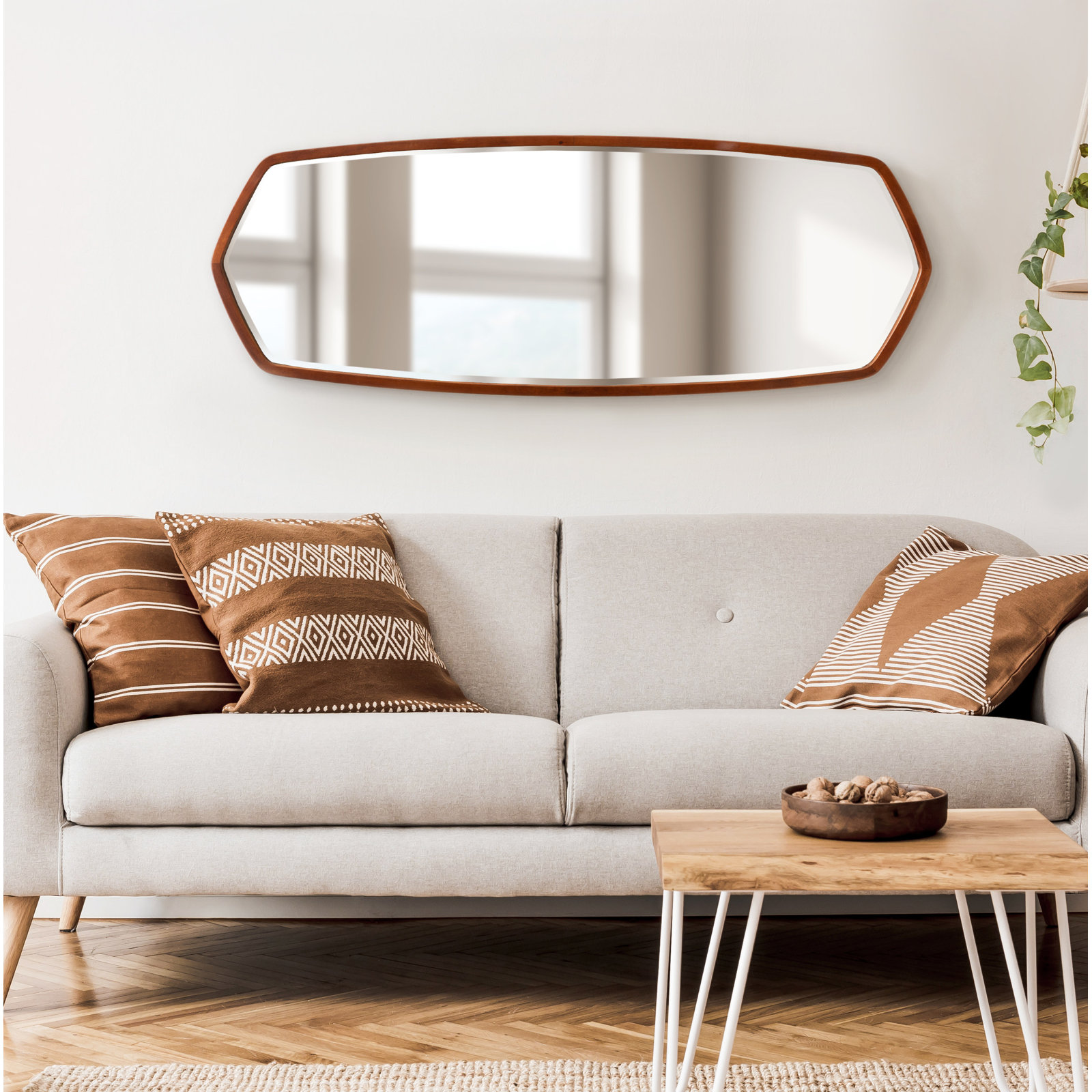 Glover Wood Hexagon Mirror, 48" x 18", Walnut Brown, Horizontal and Vertical