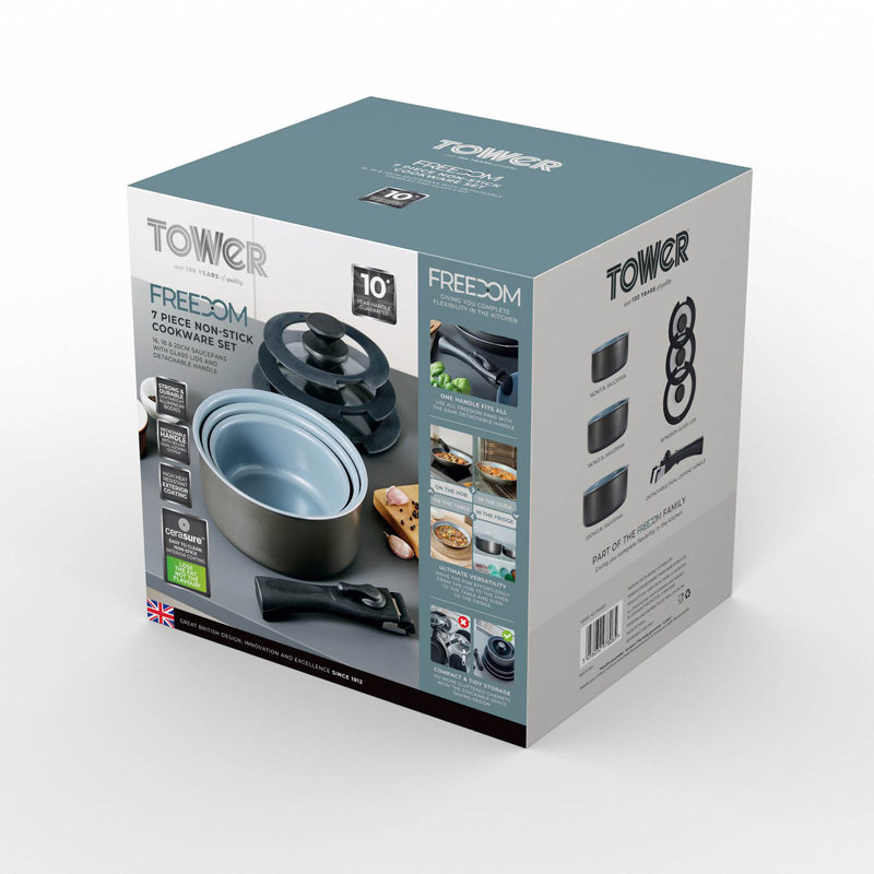 Tower Freedom T800201 7 Piece Cookware Set with Ceramic Coating, Stackable Design and Detachable Handle, Graphite, Aluminium