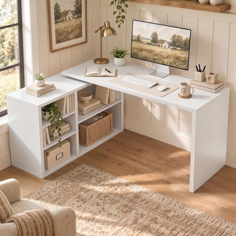 Bureau d'ordinateur en L 55 po réversible avec tablettes d'armoire, poste de travail industriel réglable en bois pour travailler