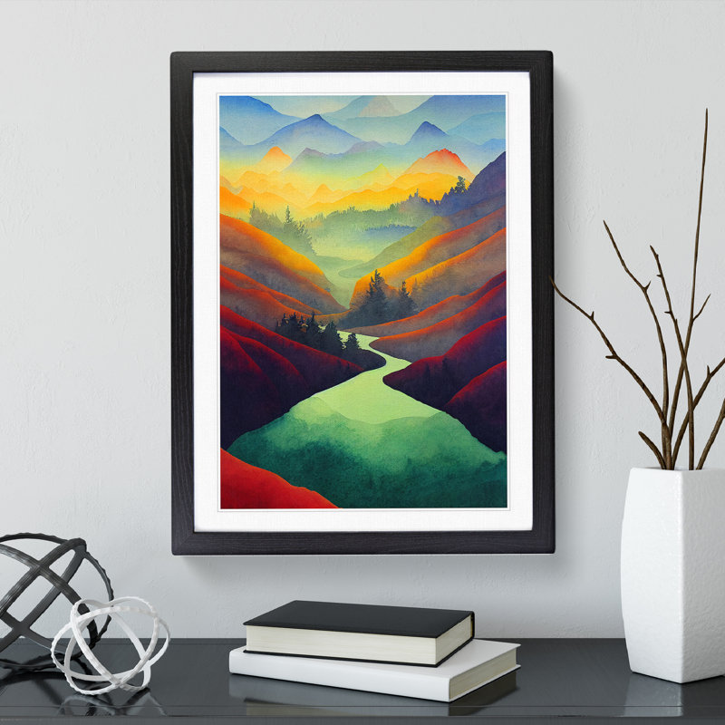 XV1022-3832X River Landscape Colourful No.1 - Single Picture Frame Painting, 64cm H x 46cm W x 2cm D, Black