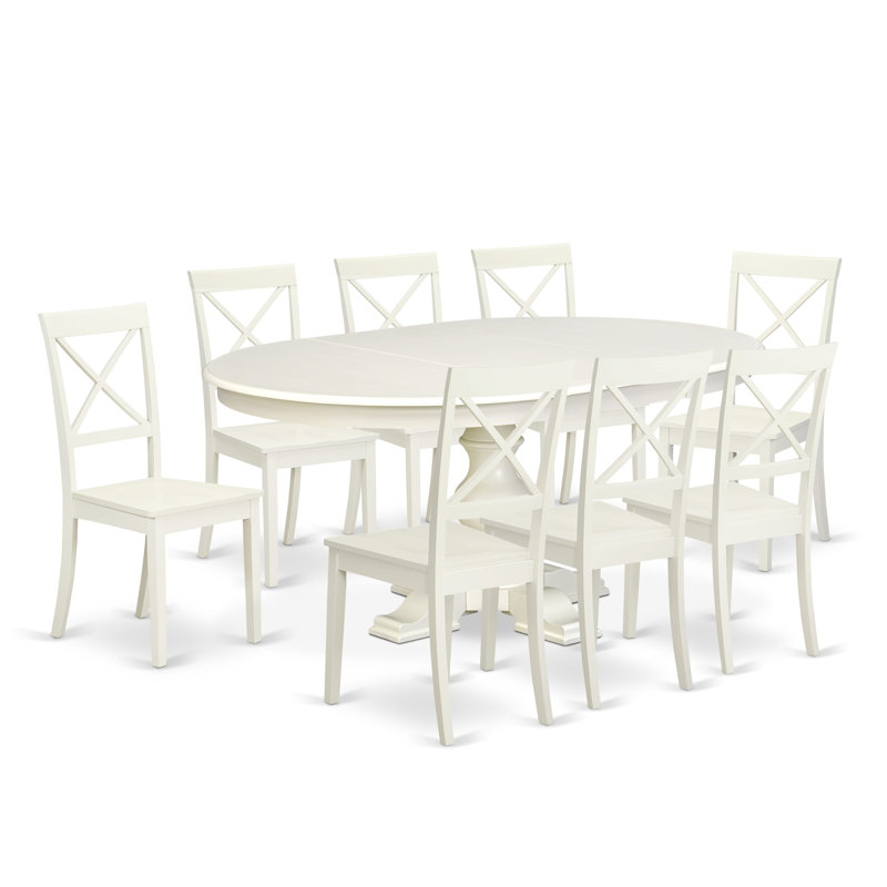 L'ensemble de salle à manger 9 pièces Mid Century Modern comprend une table de salle à manger en bois avec plateau rond et 8 chaises de salle à manger en bois avec dossier en X, blanc lin