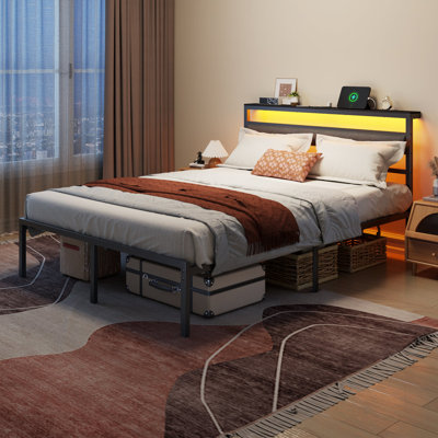Queen Metal Bed Frame with LED Lights & Charging Station, Upholstered Headboard, Ample Storage, No Box Spring Required