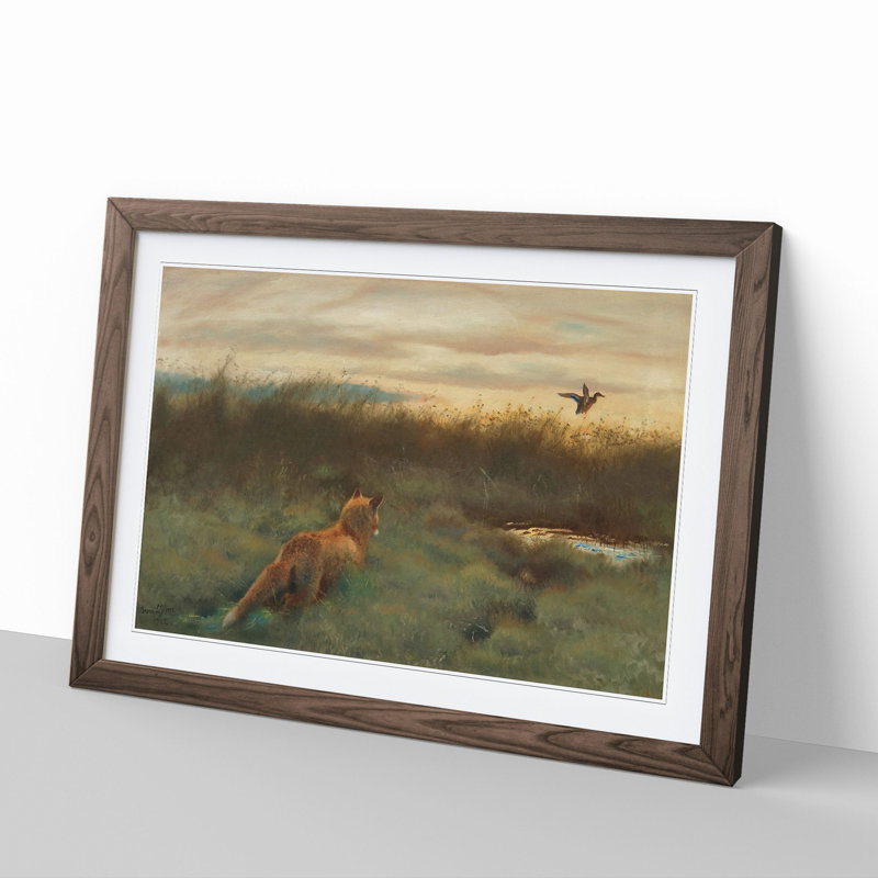 Fox and Duck by Bruno Liljefors - Picture Frame Painting, 48cm H x 65cm W x 2cm D, Walnut Framed