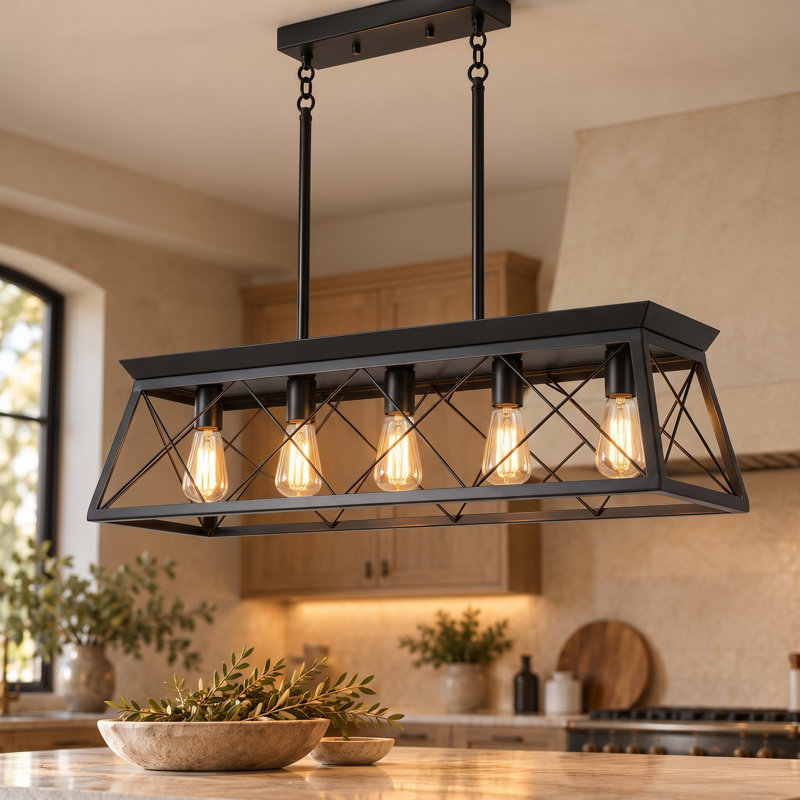 5-light farmhouse linear kitchen island chandelier with black finish