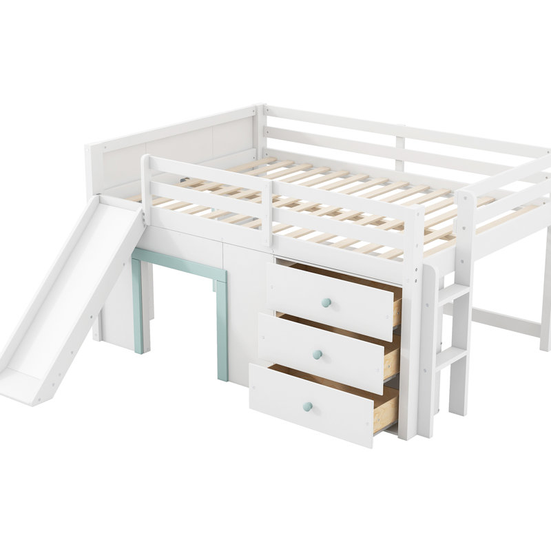 Lit mezzanine double pleine grandeur blanc avec glissière et trois tiroirs de rangement - Design moderne, matériaux, aucun sommier nécessaire, facile à installer