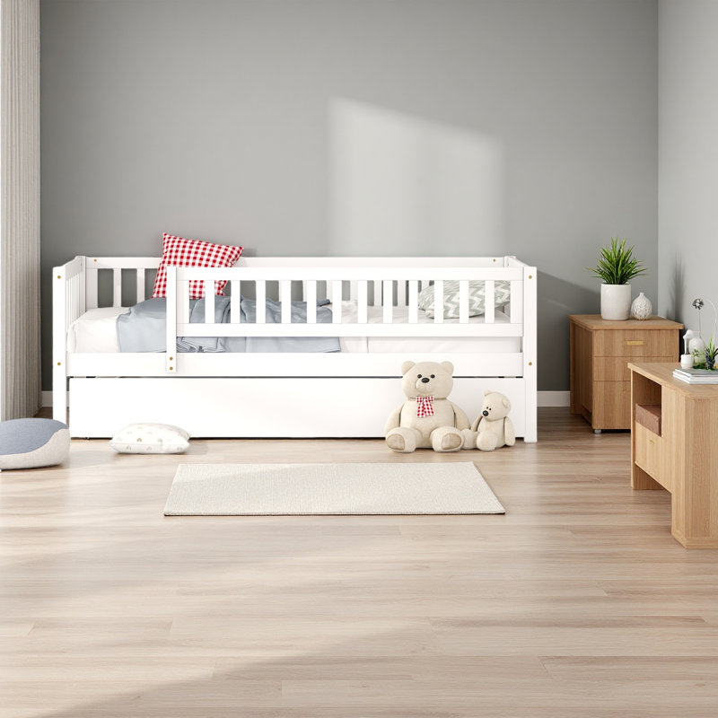 Twin Size Wood Daybed With Trundle And Fence Guardrails, White