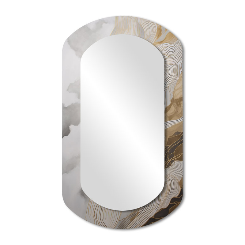 Manzanares Gold And Grey Abstracted Line Artistry III - Line Art Asymmetrical Decorative Mirror, Modern Cylinder Wall Mirror, Printed Metal Art