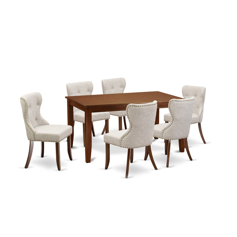 7 Piece Dining Table Set Consist of a Rectangle Dining Room Table and 6 Doeskin Linen Fabric Parsons Chairs, Mahogany, 7