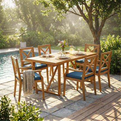 7 Pieces Acacia Wood Outdoor Dining Set With Blue Cushions,Modern 6 Chairs  1 Large Table,Dining Furniture Set For Lawn, Backyard, Garden Deck,Poolside,Teak
