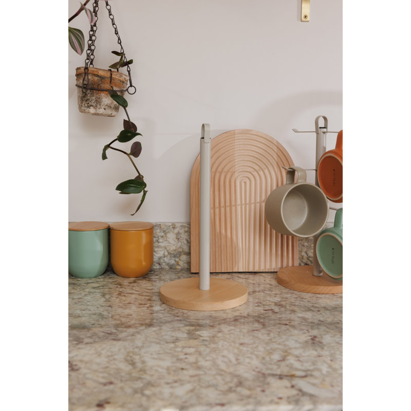 KitchenCraft Idilica Stainless Steel Kitchen Roll Holder with Beechwood Base