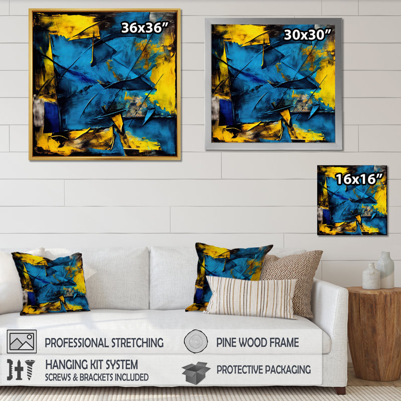 «Bliss Of Happiness in Yellow and Blue I - Abstract Collages», art mural, H 16 po x l 16 po x P 1 po, Brown Floater Framed