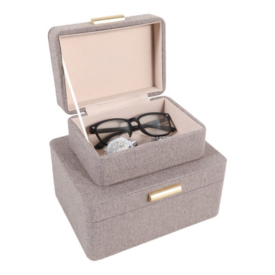 Modern Keepsake Fabric-Wrapped Storage Boxes with Lid for Home Decor - Chic Organizer Box with Rounded Corner for Tabletop - Set of 2, 9", 7"