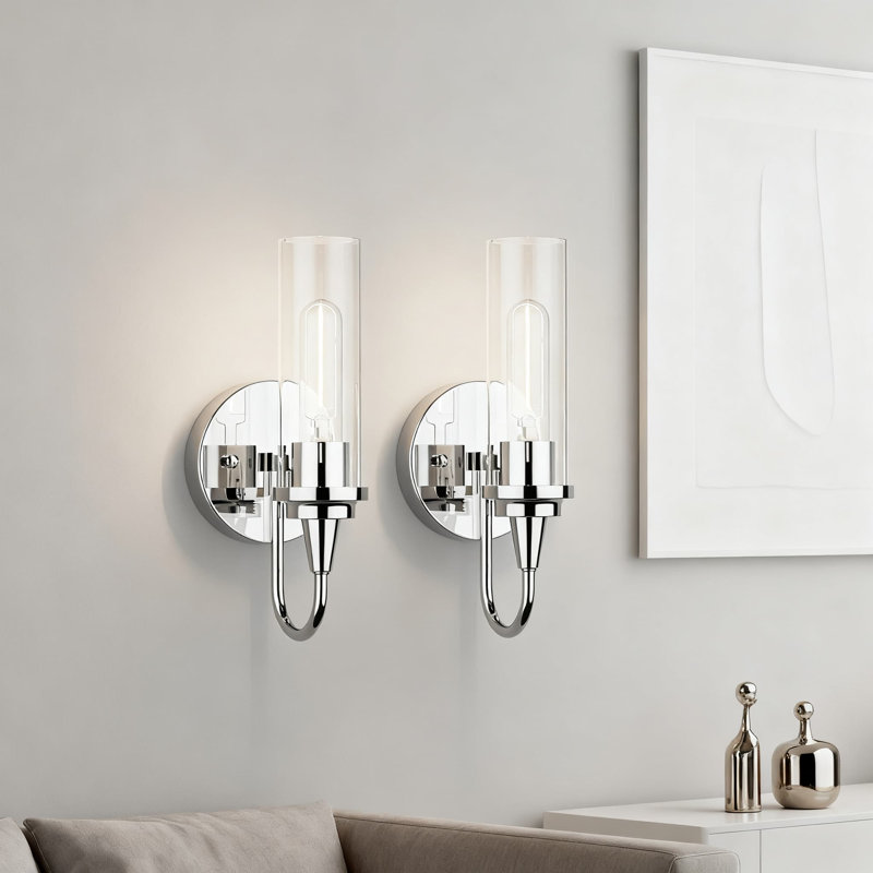 Ensemble de 2 appliques murales câblées, luminaire mural chromé moderne pour salon d'intérieur, couloir, chambre à coucher avec douille E26 et abat-jour en verre à intensité variable