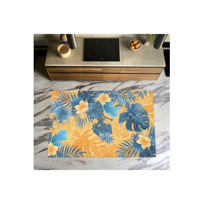 Yellow Tones Leafy Floral Themed Patterned Woven Base Washable Rug