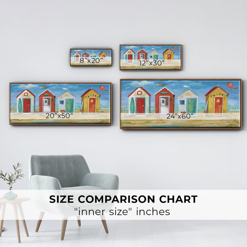 Bright Beach Huts- Framed Canvas, 20" H x 50" W