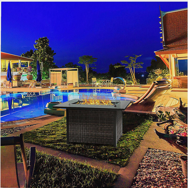 Table d'extérieur pour foyer au gaz propane 50 000 BTU avec couvercle, base de pare-brise en verre, convient au jardin, au patio, à la cour