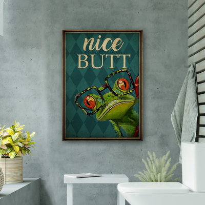 Grenouille avec des lunettes - jolie toile tendue avec toile tendue - décor d'illustrations animales pour le bain et la lessive, décor de salle de bain bleu et vert