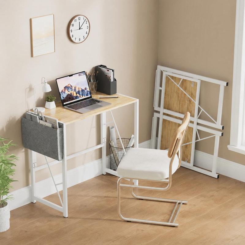 Space-Saving Folding Computer Desk 80cm – Side Pocket & Hooks – Sturdy Metal Frame, Easy Assembly – Compact Writing Table for Home Office, Bedroom, or Balcony