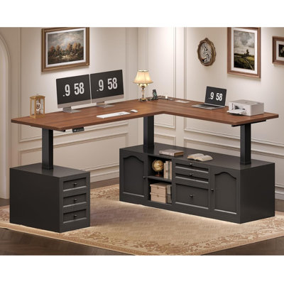 Bureau assis-debout traditionnel en forme de L de 175 cm avec rangements et prises électriques, noir et brun