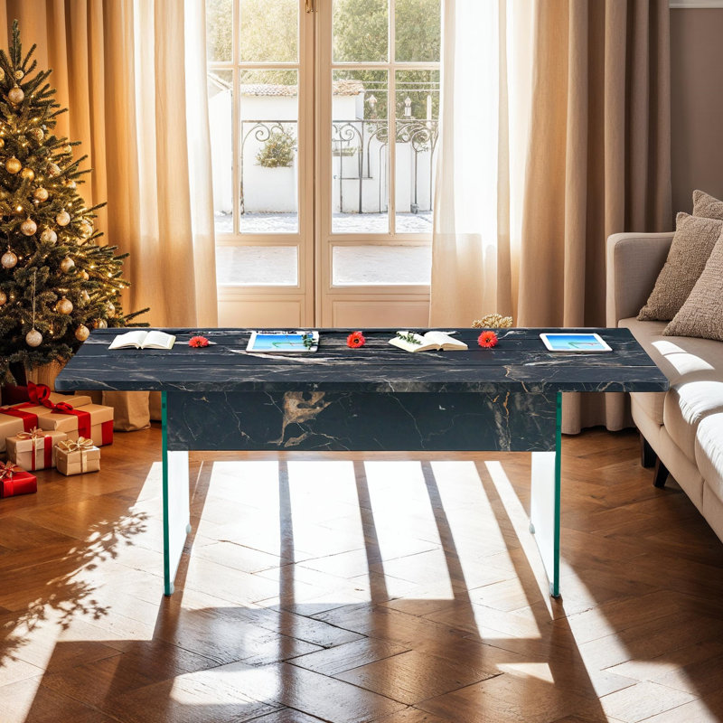 Table basse à plateau relevable avec grain de bois et pieds en verre, Noir, noir, noir, noir