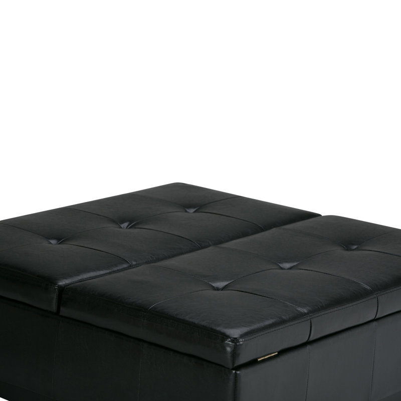 Midnight Black Tufted Faux Leather Cocktail Storage Ottoman
