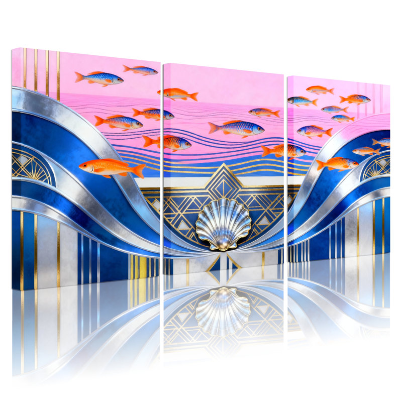 «Abstract Ocean Wave», poisson et coquille, ensemble de 3 reproductions d'art sur toile tendue sur toile, H 18 po x l 36 po