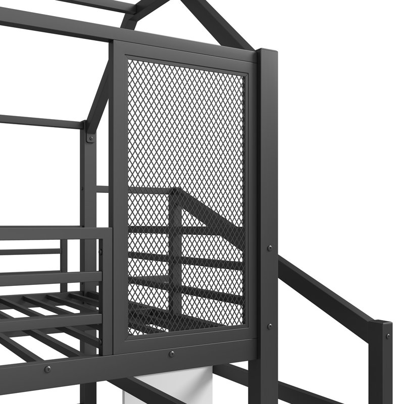 Lit mezzanine avec glissade et escalier, lit de jeu en métal avec tablettes de rangement, toit en forme de maison et conception silencieuse