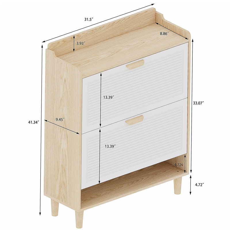 31.5 Inch Nordic Style Shoe Storage Cabinet with 2 Flip Drawers, Freestanding Organizer with Solid Wood Legs for Entryway, Narrow Shoe Rack Cabinet