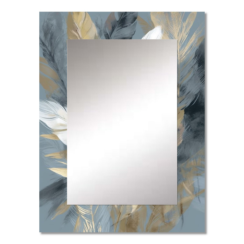 Gold And Grey Impressions Of Bohemian Energy II - Boho Feather Large Wall Mirror, Traditional Unique Mirror, Printed Metal Art