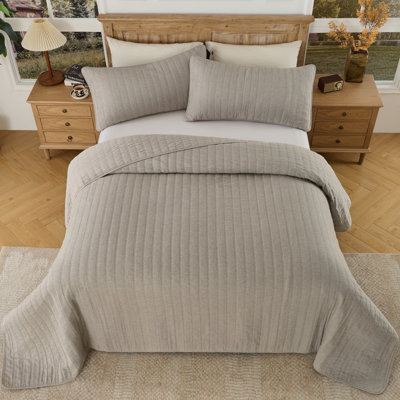 Natural Cotton Herringbone Quilt Set, Vertical Stripe Quilted Pattern, 100% Cotton Fill, 3-Piece Bedding Set