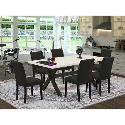 Ensemble de mobilier de salle à manger 7 pièces composé d'une table de salle à manger rectangulaire avec pieds en X et 6 chaises rembourrées en tissu de couleur noire, noir brossé