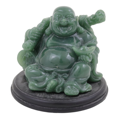 Statue de Bouddha émeraude avec sac d'argent, pièces de monnaie et lingot