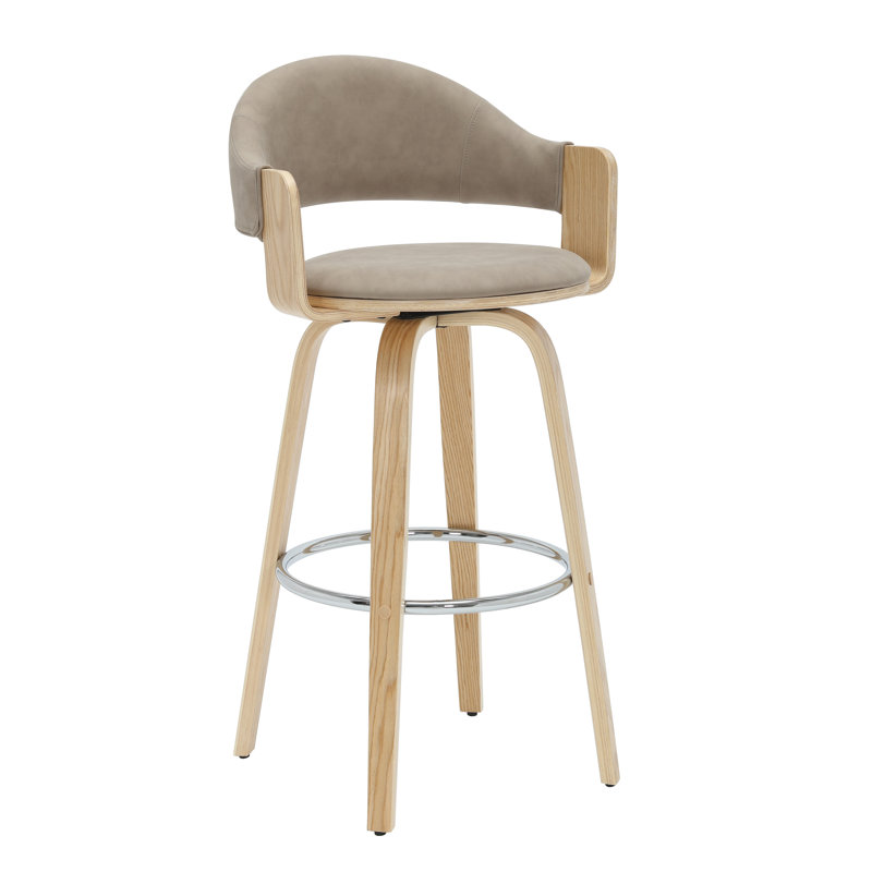 Wessels 40 In. H Swivel Bar Height Vintage Taupe Round Back Wood Bar Stool With Faux Leather Seat, Taupe, 40"
