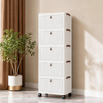 Collapsible 5-Tier Storage Cabinet with Casters and Drop-Down Doors, Slim Tall Organizer for Apartment or Laundry Room, Nordic Style, White with White Doors