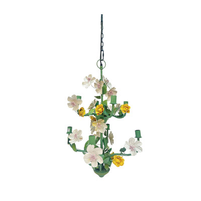 Round Metal Vintage Reproduction Toleware Flowers Chandelier With 8 Lights