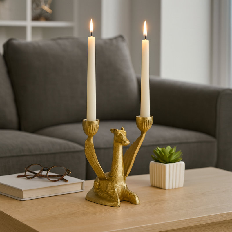 Decorative Giraffe Taper Candle Holder for Tabletop Accent - Modern Home Decor Accent for Shelf Styling - 6", Gold & Metallic