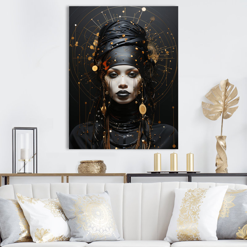 Or africain, élégance dorée et noire - art mural africain, Toile tendue, H 32 po x l 16 po x P 1 po