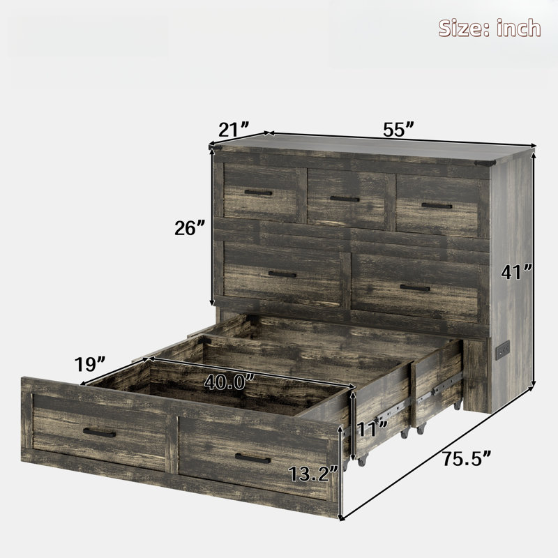 Lit armoire Murphy avec station de charge et tiroir de rangement, Gris, Lit double