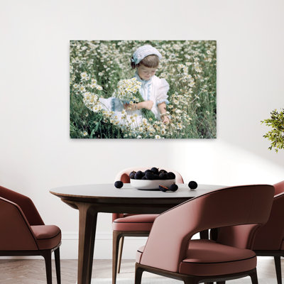 1950S 1960S Little Girl In White Hat And Dress Picking Wildflowers Daises Sitting In A Wild Flower Daisy Field Classic Retro Vintage Daisy Flower N...