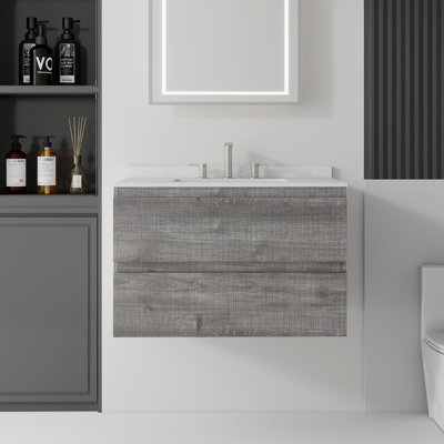 Meuble-lavabo suspendu de 76 cm avec lavabo en céramique, armoire en contreplaqué, comptoir et dosseret en marbre synthétique blanc de Carrare, 2 tiroirs à fermeture douce, gris (robinet non inclus)