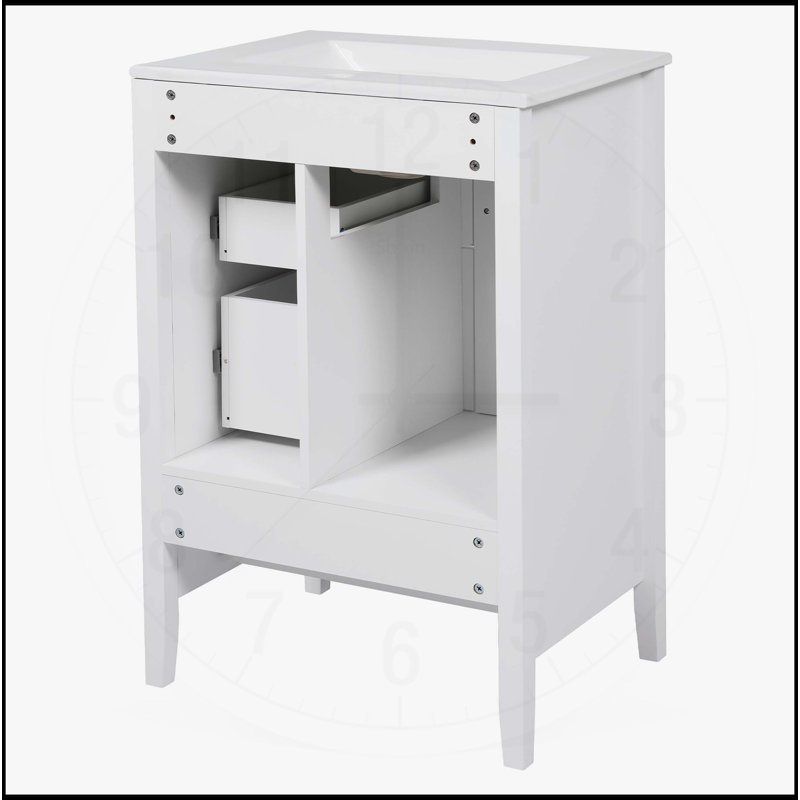 Meuble-lavabo 24 po avec lavabo, une armoire et trois tiroirs à fermeture en douceur, poignées en métal rétro, Blanc