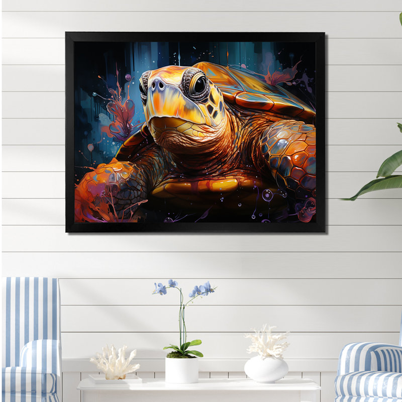 Représentation pop art d'une tortue, H 16 po x l 32 po x P 1 po, Cadre simple noir