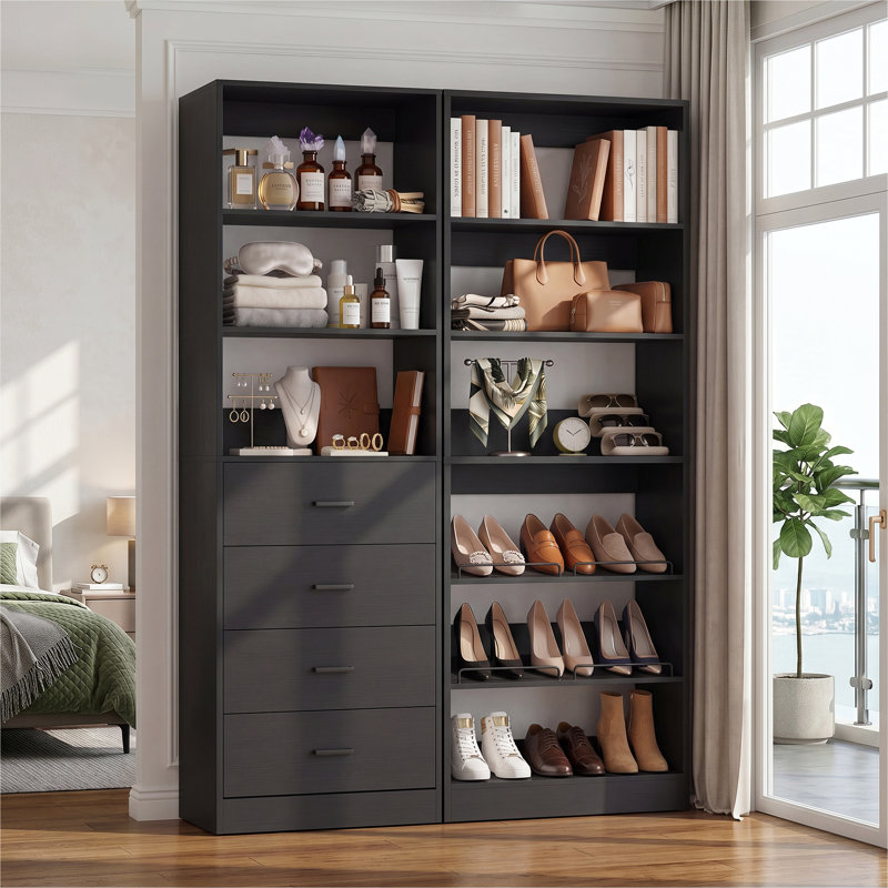 Système d'organisation avec 4 tiroirs, étagères à chaussures, tablettes réglables Bettyann, Black