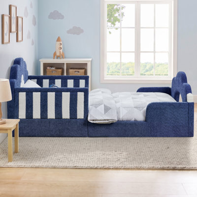 Twin Size Cloud Bed with Safety Guardrail, Solid Wood Bed Frame, Boucle Fabric, Bedroom