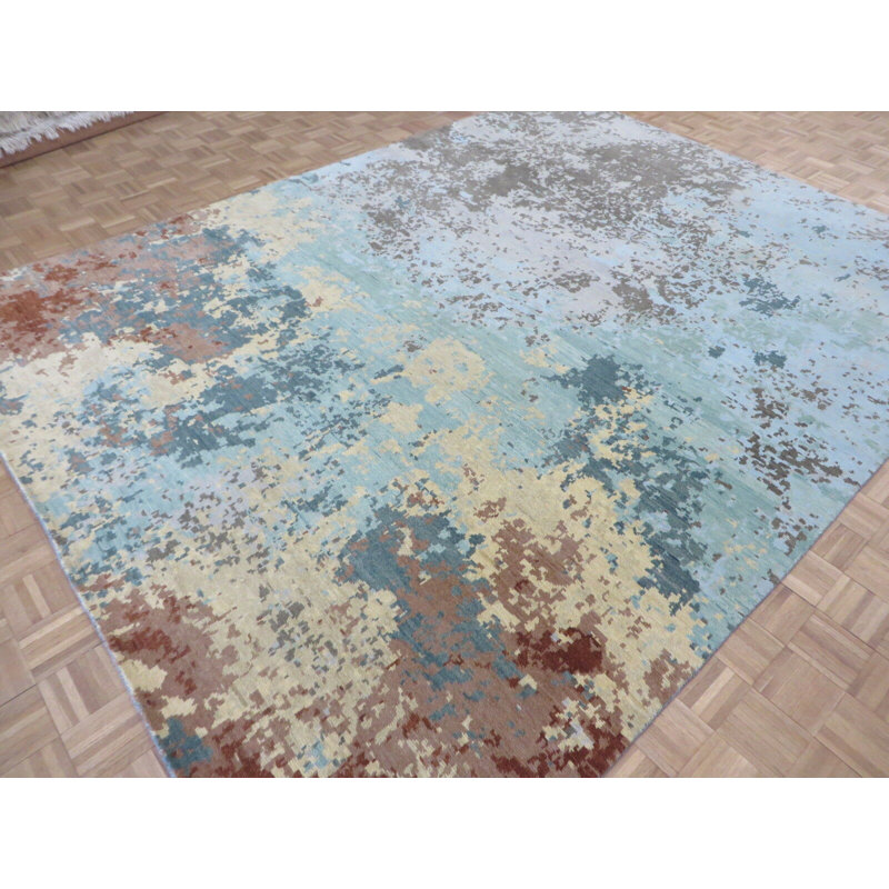 Tapis unique en laine noué à la main gris / bleu 9 pi 1 po x 11 pi 8 po Mahulena